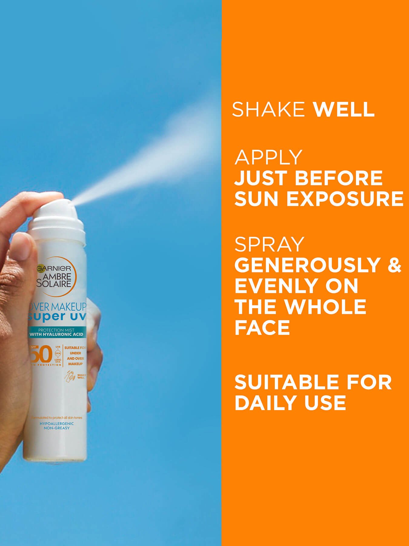 hand spraying Ambre Solaire Super UV over makeup mist with benefits listed on orange background